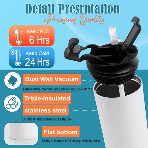 Miniatura 5 de Joyclub 12 Pack Sublimation Water Bottles, 20 oz Dual Opening Tumblers DIY Sublimation Blanks, Stainless Steel Bottle, Leakproof, Straw Included
