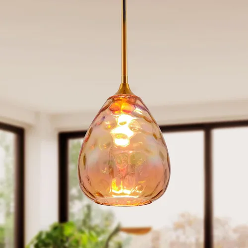 Miniatura 12 de Iluminación colgante dorada con pantalla de vidrio martillado ámbar, lámpara colgante Art Deco de 1 luz para isla de cocina, comedor, dormitorio