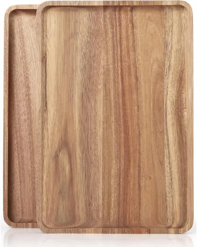 Miniatura 8 de 2 piezas de bandejas de madera de acacia maciza de 13 x 9 pulgadas, fuentes rectangulares de madera natural para bar, café, fiesta