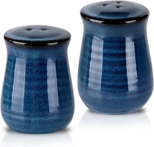 Hasense Salero y pimentero de cerámica, juego de 2 saleros de granja azul marino, coctelero de especias vintage para cocina compacta, viajes,