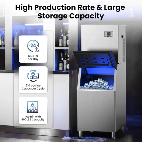 Miniatura 3 de Máquina comercial de hielo de 650 libras/24 h, almacenamiento de 400 libras, listo para hielo en 5-15 minutos, con modo de autolimpieza y función