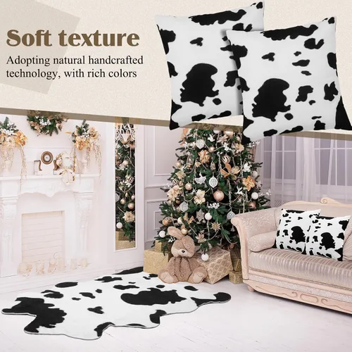 Miniatura 6 de Amylove Alfombra de piel de vaca y 2 fundas de almohada de vaca, duraderas y de gran tamaño, con estampado de piel de vaca, almohadas para sala