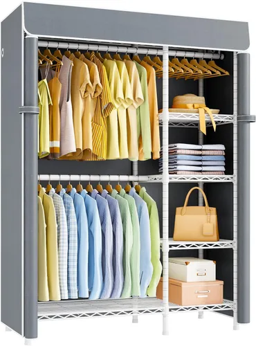 Miniatura 8 de ULIFHOME F2C - Perchero con funda, percheros para colgar ropa, perchero resistente con estantes y barras de suspensión, armario negro con cubierta