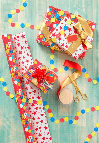 Miniatura 4 de American Greetings - Papel de regalo reversible de 175 pies cuadrados, para cumpleaños, letras de feliz cumpleaños y estrellas