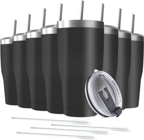 Miniatura 18 de Paquete de 8 vasos de acero inoxidable de 30 onzas a granel reutilizables con tapa, taza de café con recubrimiento de polvo de doble pared