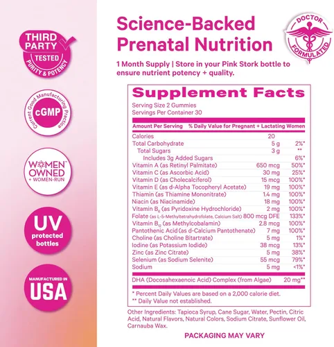 Miniatura 6 de Pink Stork Vitaminas gomosas prenatales prémium Algas veganas DHA + folato metilado + metilcobalamina Apto para MTHFR Sin hierro Sin regusto