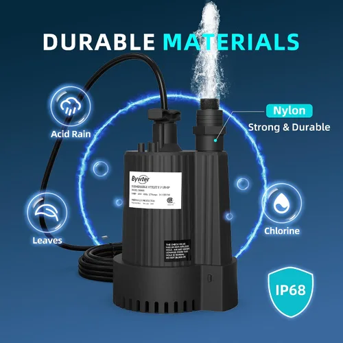 Miniatura 6 de Bomba de agua sumergible de 1/6 HP, bomba de sumidero de 1500 GPH con carcasa termoplástica, bomba de agua eléctrica portátil de 115 V con cable