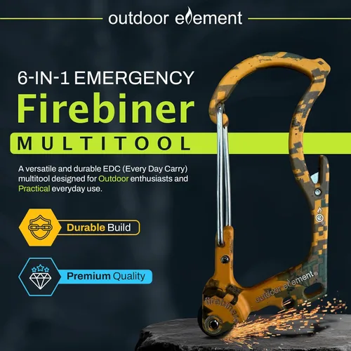 Miniatura 2 de OUTDOOR ELEMENT Firebiner 6-en-1 - Mosquetón Iniciador de Fuego EDC Multiherramienta de Emergencia - Llavero, Cuchilla Utilitaria, Abrebotellas y Más