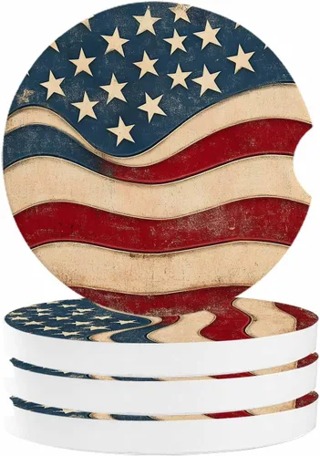Portavasos retro con la bandera estadounidense para mujeres/hombres, paquete de 4 posavasos absorbentes de cerámica para bebidas, juego de posavasos