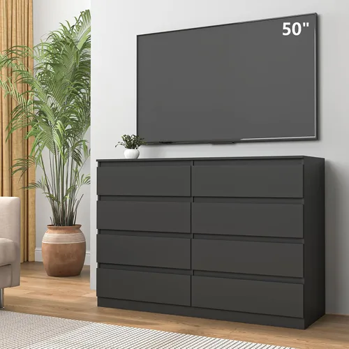 Miniatura 8 de Vibe & Dine Cómoda doble de 8 cajones, cómoda de madera moderna con amplio almacenamiento para armario, dormitorio, sala de estar, color negro