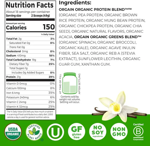 Miniatura 2 de Orgain Proteína vegana orgánica en polvo + verduras, vainilla – 0.74 oz de proteína a base de plantas, 0.16 oz de fibra prebiótica para la salud