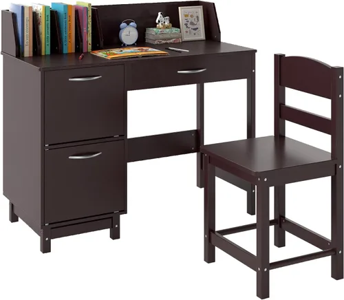 Costzon Juego de escritorio y silla para niños, escritorio de estudio de madera para estudiantes con aparador, cajón de almacenamiento y gabinetes