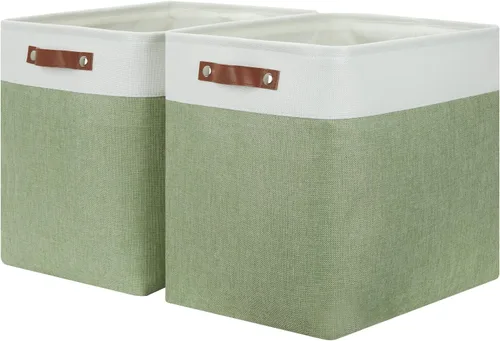 Miniatura 10 de HNZIGE Cestas organizadoras grandes de tela (3 unidades), canastas decorativas plegables con asas de cuero (crema, 15 x 11 x 9.5 pulgadas)