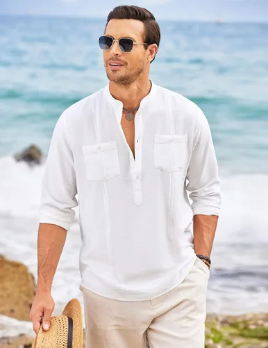 Miniatura 2 de COOFANDY Camiseta de lino Henley de manga larga para hombre, estilo hippie, de algodón, playeras
