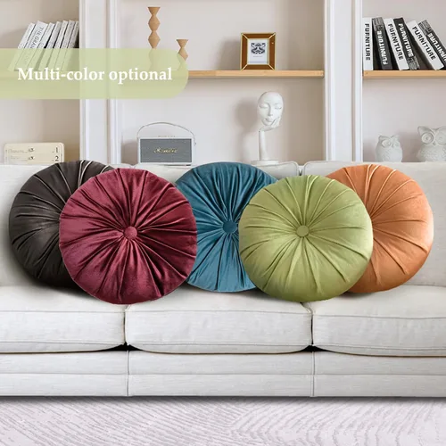 Miniatura 7 de Almohadas plisadas redondas de terciopelo para decoración del hogar, sofá, silla, cama y automóvil, color café oscuro, 13.8 pulgadas