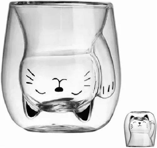 ANSQU Linda taza de té de gato, tazas de café de doble pared de vidrio, vaso de chupito de espresso, taza de leche (6.8 fl oz/6.8 oz), regalos