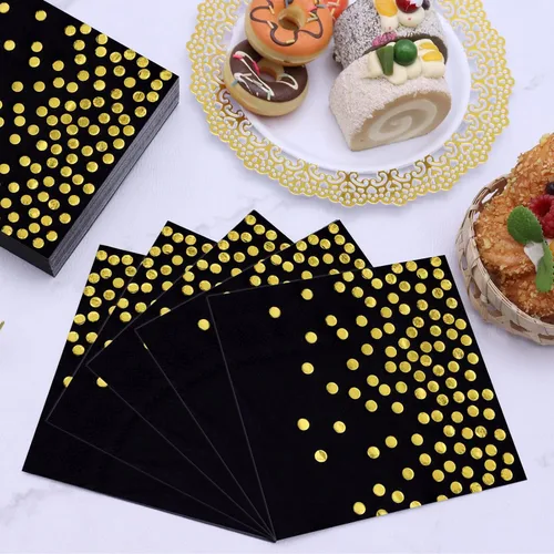 Miniatura 9 de 100 servilletas de cóctel desechables negras – Servilletas de papel negro y dorado para cumpleaños, boda, aniversario, Año Nuevo, fiesta