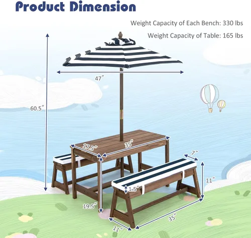 Miniatura 6 de Costzon Mesa de Picnic para Niños, Juego de Mesa y Silla de Madera para Niños Pequeños con Cojines, Sombrilla de Altura Ajustable, Mesa