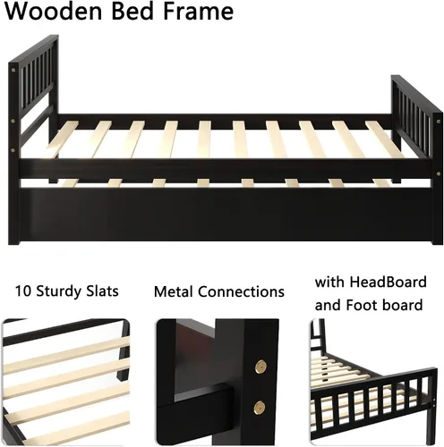 Miniatura 6 de Dolonm Cama de plataforma individual con nido, marco de cama de madera maciza con cabecero, estribo para adolescentes, niños y niñas, no necesita