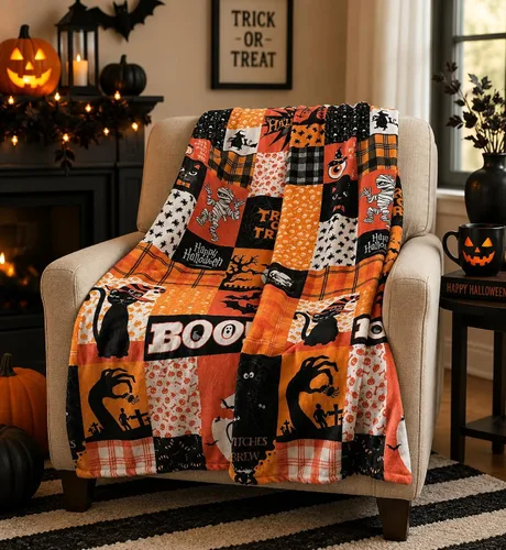 Miniatura 20 de Manta de forro polar de Halloween: telaraña, sombrero de bruja, murciélagos negros, calabazas naranjas, franela suave y cálida para cama, sofá