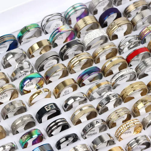 Miniatura 4 de 50PcsLot Fashion Stainless Steel Heart Rhinestone Band Rings For Women Men Mix Style Party Jewelry Wholesale