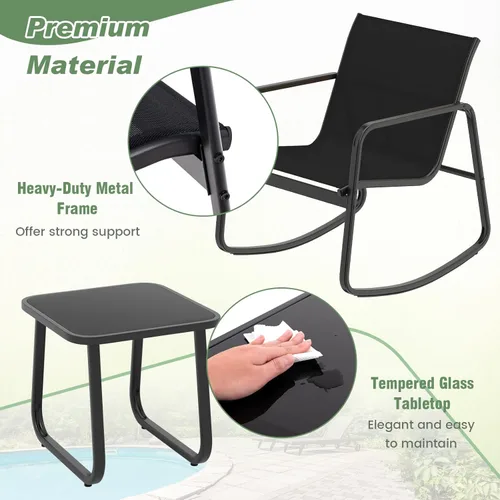 Miniatura 6 de HAPPYGRILL Juego de 3 piezas de bistró para patio con mesa superior de vidrio, sillas mecedoras de bistró, juego de muebles de patio pequeños, juego