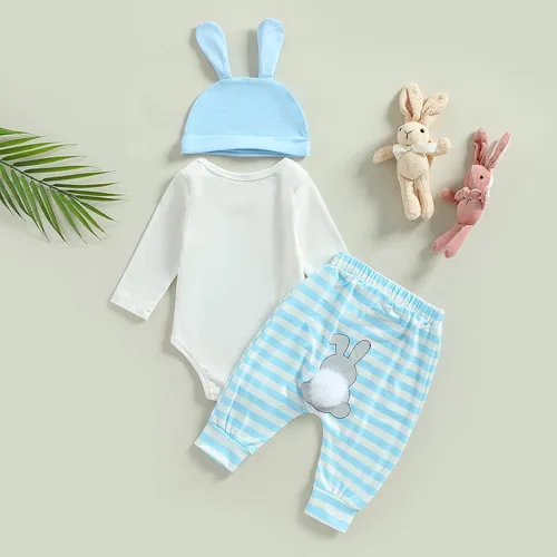 Miniatura 3 de My First Easter Outfits - Conjunto de 3 piezas para bebés y niñas de manga largacorta con estampado de conejo, conjunto de tops y pantalones