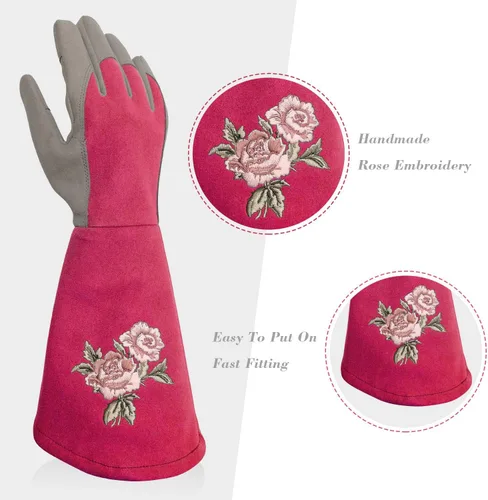 Miniatura 3 de Rose Pruning Gloves Thorn Resistant, Embroidery Gardening Gloves with Extra Long Forearm Protection Rosa rojo
