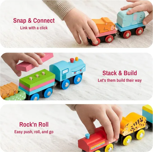 Miniatura 4 de Montessori - Juego de juguetes de tren de madera para niños, 12 vagones magnéticos de tren con caja de regalo de almacenamiento, juguete educativo