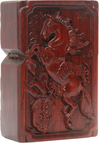 Miniatura 32 de Caja de carcasa de madera natural tallada en palisandro Huanghuali para módulo Zippo (Zodíaco Caballo)