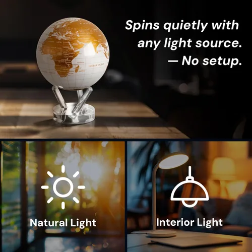 Miniatura 4 de MOVA Globe - Blanco perla y dorado clásico (4.5 pulgadas) Globo mundial giratorio alimentado por energía solar para escritorio Decoración