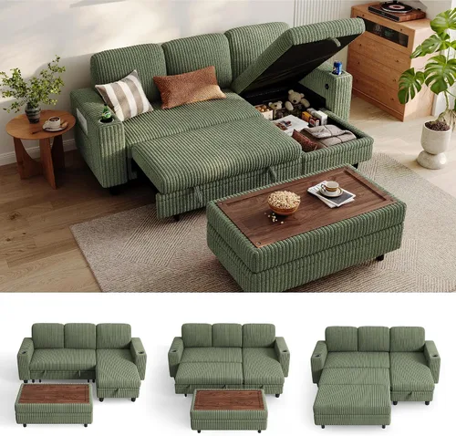 Miniatura 43 de LINSY HOME - Sofá cama extraíble modular con sección para dormir, con almacenamiento, sofá seccional de pana mullida para sala de estar, sofá cama