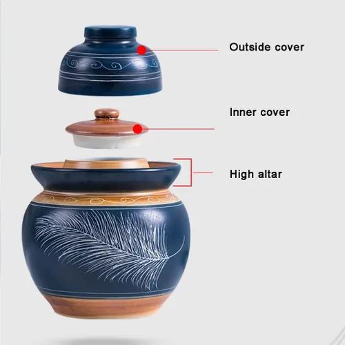 Miniatura 4 de Tarro de encurtido de porcelana china tradicional azul, olla de decapado de fermentación de cerámica, frasco de fermentación con sello de agua tapa