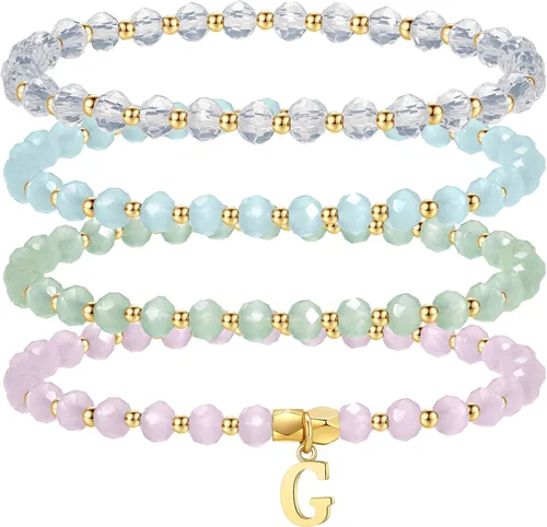 Miniatura 19 de IEFWELL Pulseras con iniciales para niñas y niños – Juego de 4 pulseras de cristal rosa/azul/blanco/verde, pulsera elástica para niños, joyería