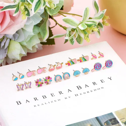 Miniatura 6 de Juego de 24 pares de aretes hipoalergénicos para niñas, adolescentes y niños, de acero inoxidable, diseño de animales, mariposa, arco iris