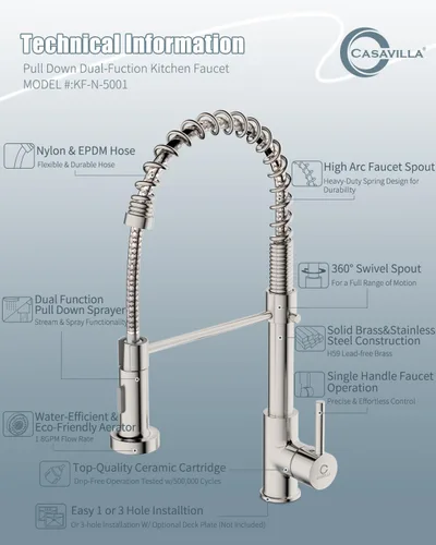 Miniatura 7 de Grifo de cocina, grifos de fregadero de cocina comercial con rociador extraíble, grifos de acero inoxidable para fregaderos de cocina, cabezal