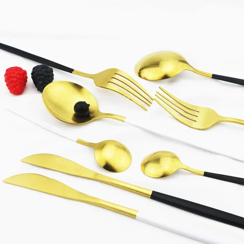 Miniatura 4 de JASHII - Juego de cubiertos dorados con mango blanco, juego de cubiertos de acero inoxidable con acabado mate, incluye tenedores, cuchara, Mango
