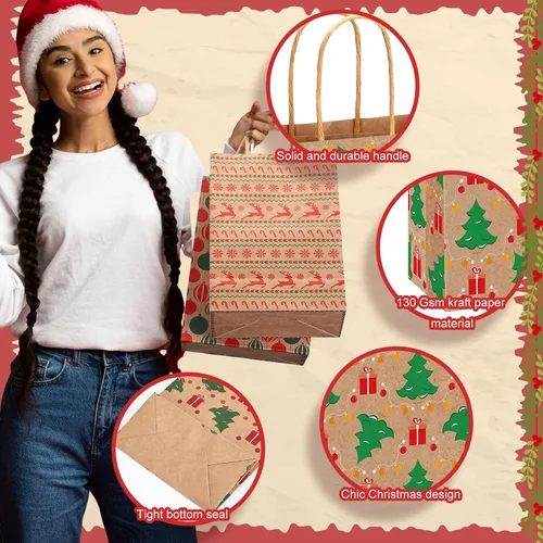 Miniatura 5 de Fulmoon Juego de 48 bolsas de regalo de papel kraft de Navidad a granel, bolsas de regalo de papel surtido con asa, vacaciones para regalos