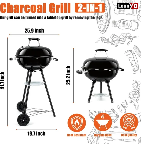 Miniatura 3 de Leonyo - Parrilla de carbón portátil de 18 pulgadas, ahumador redondo con ruedas y tapa esmaltada de porcelana para cocinar al aire libre