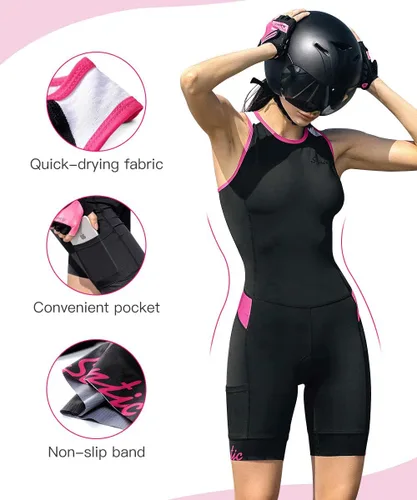 Miniatura 2 de Traje de triatlón de una pieza sin mangas para mujer, acolchado de secado rápido, adelgazante, para correr, nadar, ciclismo Negro/Rosa Rojo