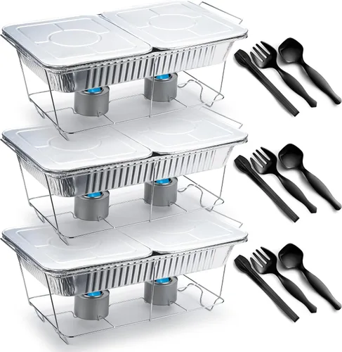 Miniatura 8 de Juego de Chafing Dish Desechable para Bufé, Calentadores de Alimentos para Fiestas, 33 Piezas de Suministros de Catering - Servidores y Calentadores