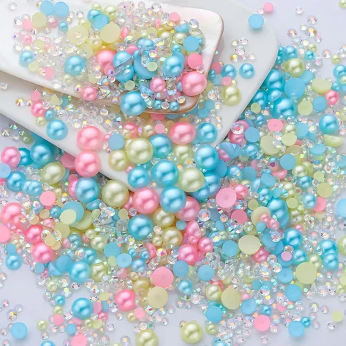 Miniatura 13 de 60g de Perlas Acuamarina Dorada con Diamantes de Imitación para Manualidades Tamaño Mixto 3mm-10mm Color AB Redondas Perlas Medias Planas Conjunto