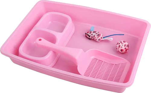 Miniatura 11 de PAWISE Juego de 5 piezas de caja de arena para gatos recién nacidos, bandeja de arena para gatos poco profundos, cuencos de alimentación, kit de Azul