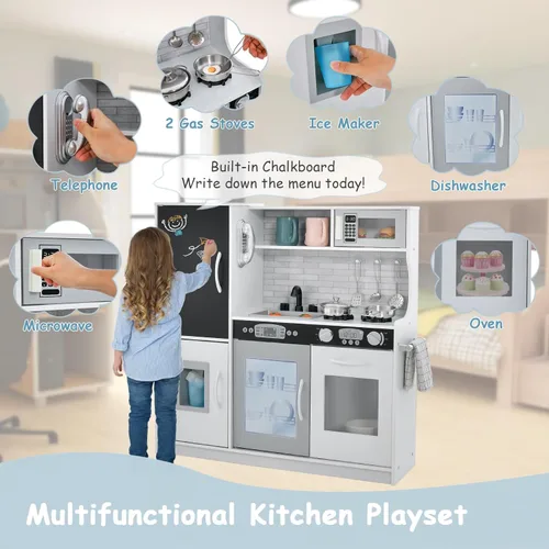 Miniatura 6 de MAT EXPERT Juego de cocina para niños, cocina de juguete de chef de madera con pizarra, máquina de hielo, accesorios de utensilios de cocina, Blanco