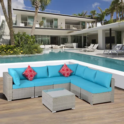 Miniatura 11 de Quarte Juego de muebles de patio de 4 piezas, sofá modular de mimbre de ratán PE para exteriores con acolchado y almohada, para porche, césped, Gris