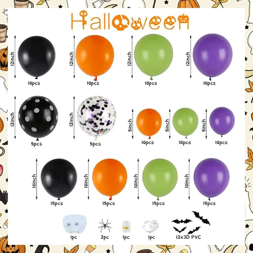 Miniatura 2 de Kit de arco de globos de Halloween de 155 piezas, kit de guirnalda de globos de color negro, naranja, morado y verde, con arañas de telaraña