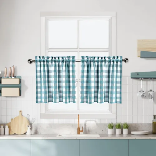 Miniatura 27 de Cortinas de Cocina Estilo Granja de Cuadros Vichy Blanco y Negro de 24 Pulgadas de Largo, Cortinas de Café de Media Ventana de Cuadros Buffalo