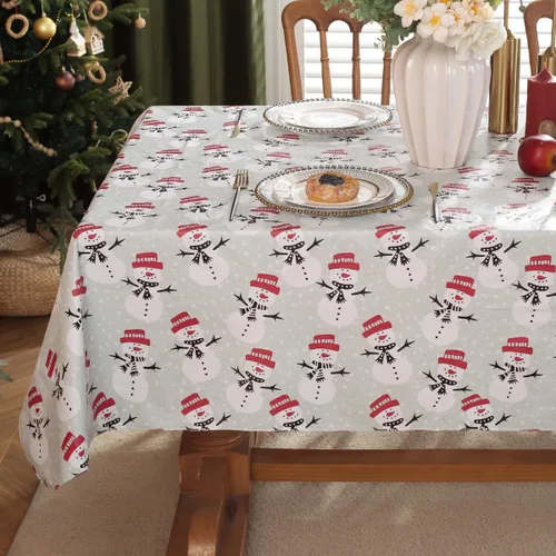 Miniatura 3 de Mantel de vinilo de muñeco de nieve blanco navideño con reverso de franela, mantel rectangular de PVC, manteles impermeables de Navidad