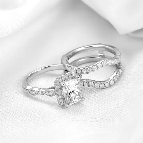 Miniatura 3 de DovEggs Anillo de compromiso con halo oculto de moissanita de plata de ley de 3 quilates de 0.276 x 0.354in G-H-I con detalles para mujer, moissanita