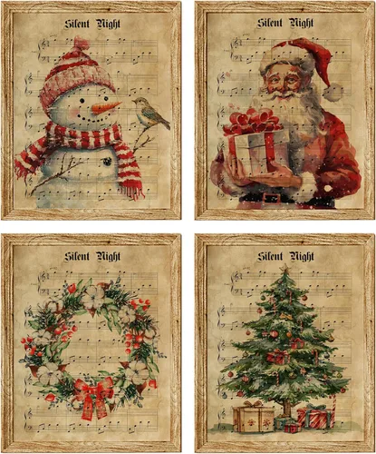 Miniatura 8 de LKETW Póster vintage de impresiones navideñas de invierno sin marco, juego de 4 unidades de 8x10 pulgadas, decoración de pared rústica de Papá Noel